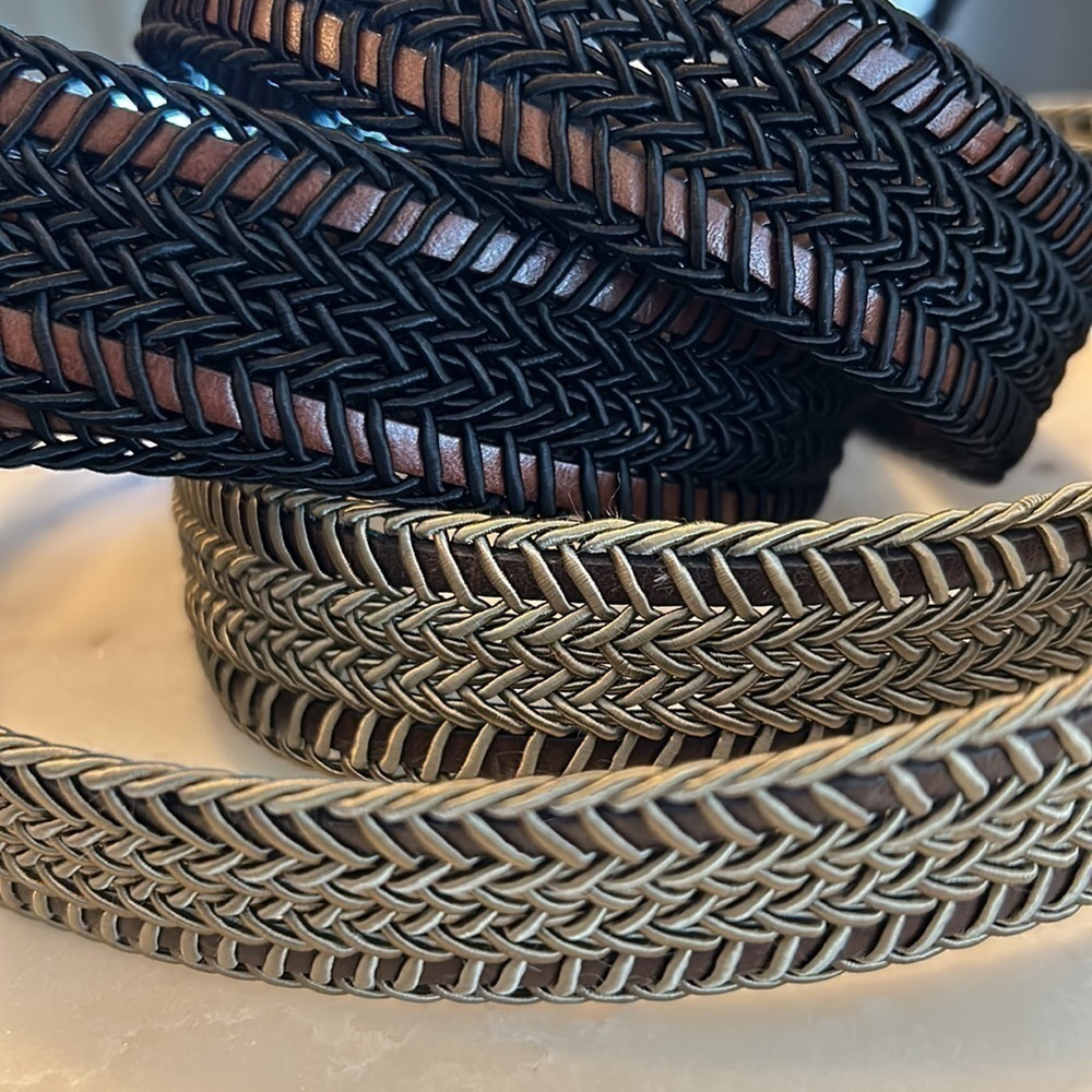 2-Torino belts both size 46 black/ brown woven and taupe/brown woven NWT